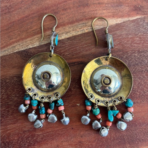Vintage Brass Dangle Earrings with Turquoise & Coral Beads Tribal Boho Bells - Picture 1 of 6